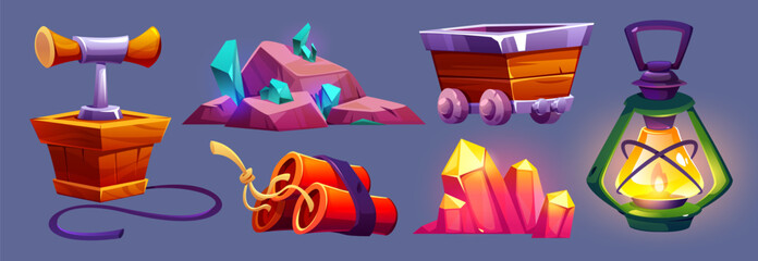 Mining game assets set. Detonator box and dynamite bundle, rocks with glowing gem stone crystal clusters, wooden rail cart, oil lamp. Cartoon vector set of objects for adventure game design.