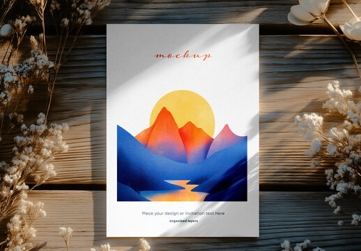 Poster Mockup on Wooden Surface with Sunlight Shadows &ndash; Ideal for Nature Art Prints, Illustration Showcases, or Rustic-Themed Branding Presentations