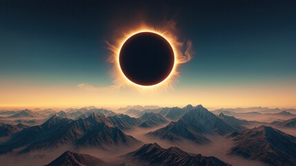 A stunning view of a solar eclipse over majestic mountain ranges at dusk capturing nature's celestial wonder