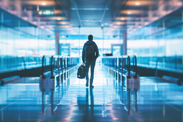Fototapeta premium Silhouette of Traveler Walking Through Airport Concourse