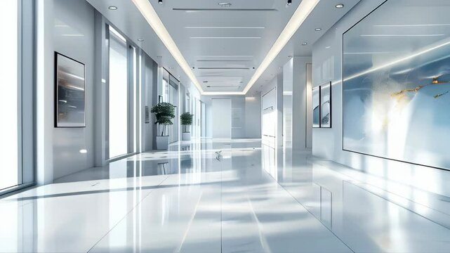 Modern architectural walkthrough of a bright, spacious hallway in a contemporary building with art displays