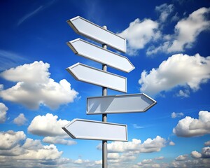 Image of five blank white road signs pointing in different directions against a bright blue sky with scattered clouds.