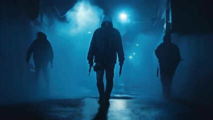 Three figures with guns navigate a foggy alleyway in a tense nighttime urban atmosphere
