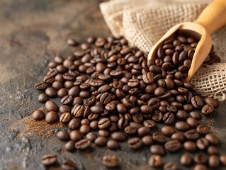 Naklejka premium Roasted Coffee Beans Spilled From Wooden Scoop