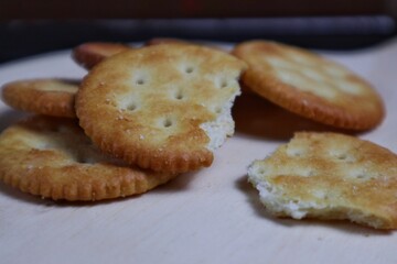 Close up of stack of round saltine crackers