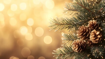 Pine branch with pine cones and bokeh lights.