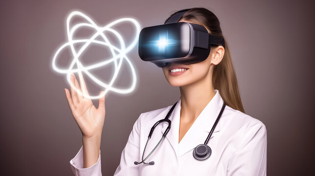Female doctor with high-tech goggles demonstrating cutting-edge, avant-garde medical science technology designed to shift paradigms based on visualization of holograms projected in 3D