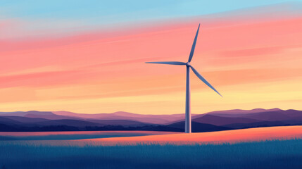 A serene landscape featuring a wind turbine silhouetted against a vibrant sunset, highlighting themes of renewable energy and natural beauty.