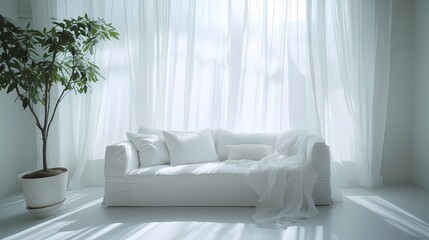 Simple interior white wall and sofa poster background