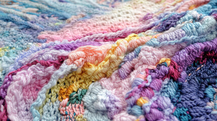 A colorful, textured close-up of a knitted blanket, showcasing intricate patterns and vibrant shades of pink, blue, and yellow.