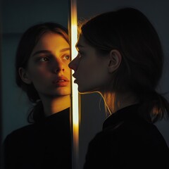 A woman looking at herself in a mirror, with a sad and thoughtful expression.