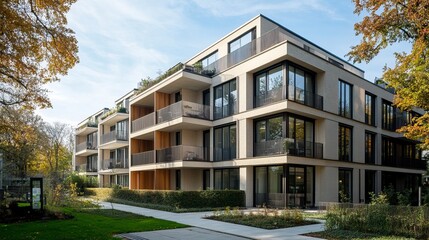 Fototapeta premium Modern multi-family apartment buildings seen in Berlin, Germany,generative ai