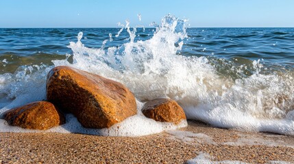 Waves crashing over boulders at the beach, beach boulder splash, coastal wave motion