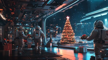 Holiday festivities in space with astronauts and tree