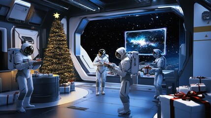 Obraz premium Space crew exchanging gifts during Christmas holiday