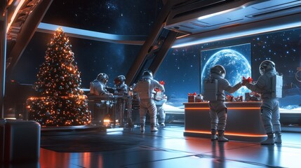 Space station holiday cheer with astronauts exchanging gifts