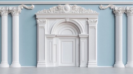 Naklejka premium Elegant white architectural doorway with ornate columns, serene blue wall background.