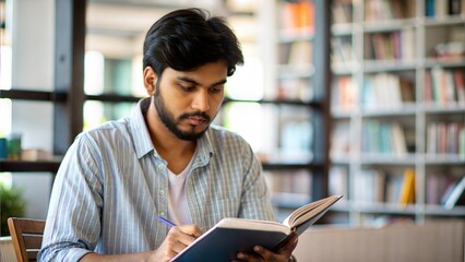 An Indian student reviewing notes with a blurred library backdrop.
