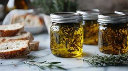 A serene scene featuring jars of infused olive oil with herbs, complemented by slices of bread and fresh greenery in a cozy, rustic setting.