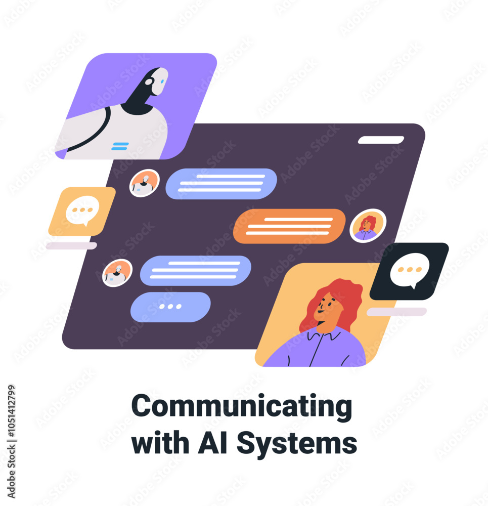 Poster ai communication concept chat interface humans robots colorful dialogue bubbles diverse characters d
