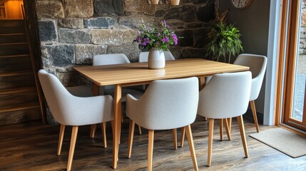 Obraz premium Modern Scandinavian Dining Room Interior Design with Wooden Table and Chairs