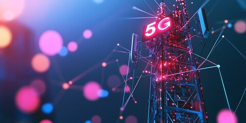 5G Telecommunication Tower with Smart City Network Connections, 5G Network Tower Connection, Data Connection