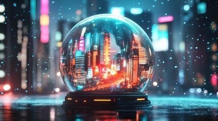 Illuminated city centers shine within spherical glass