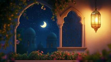 3D vector design of mosque window background with copy space