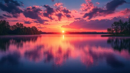 Serene sunset over a calm lake, reflecting vibrant colors.