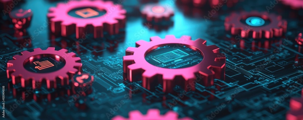 Poster colorful gears on a circuit board with a futuristic, tech-inspired design.