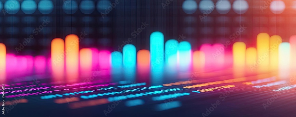 Poster colorful audio waveforms on a digital screen, abstract music visualization.