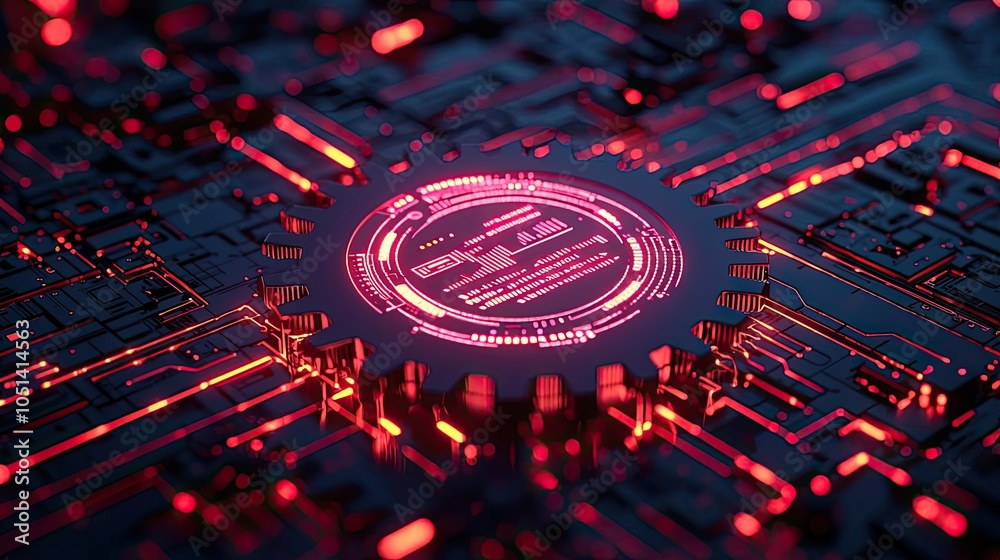 Poster futuristic circuit board with glowing red components and intricate designs.