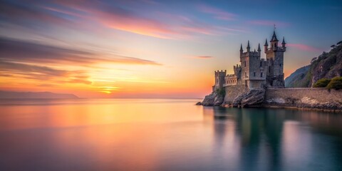 Naklejka premium Minimalist Sunrise Over Swallow Nest Castle: Tranquil Landscape, Majestic Architecture, Serene Nature, Morning Light, Eastern Europe, Scenic View, Travel Destination, Historic Landmark