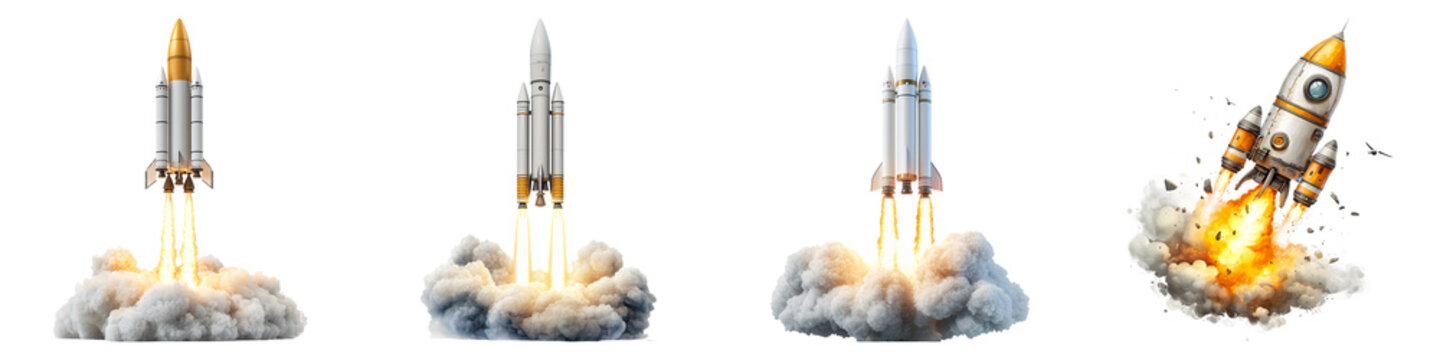 A sequence of rocket launches showcasing stages of liftoff, featuring powerful engines and billowing smoke against a dark backdrop.