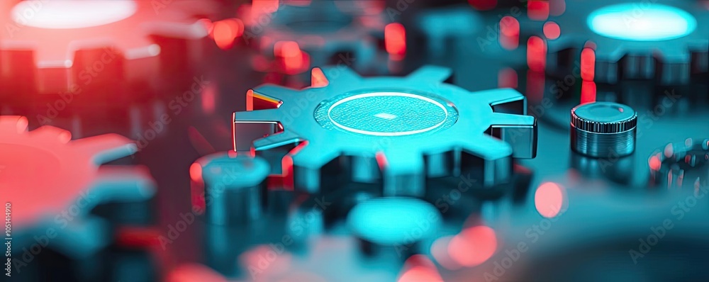 Poster close-up of colorful gears with blue and red lighting in a mechanical setting.