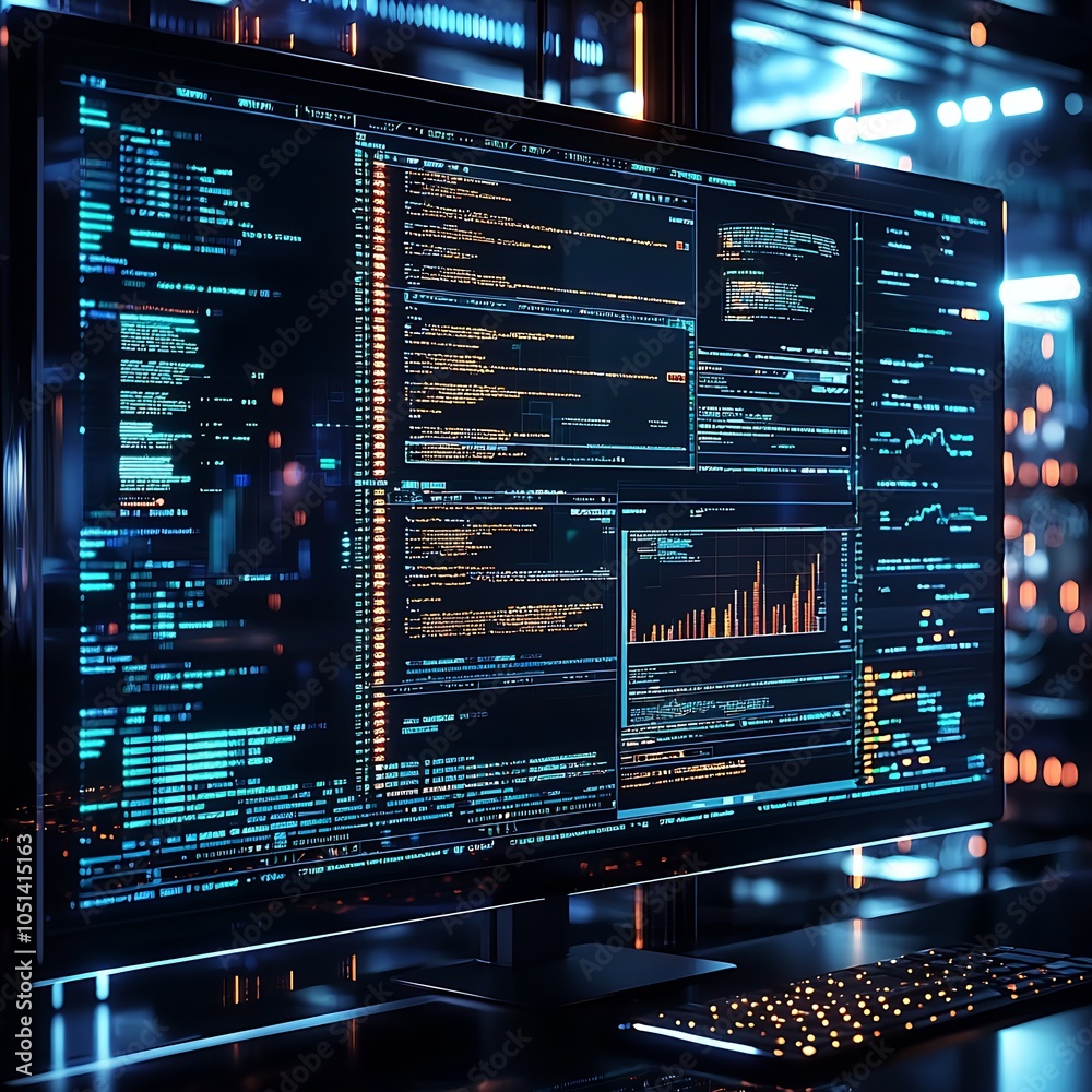 Aufkleber High Tech Computer Screen Displaying Code and Analytics in Modern Office Environment : Generative AI