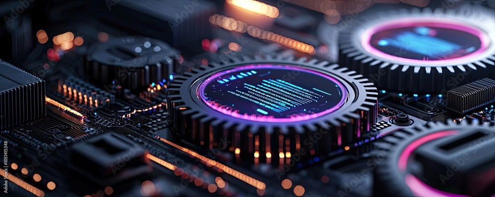Poster close-up of a modern circuit board with glowing components and intricate details.