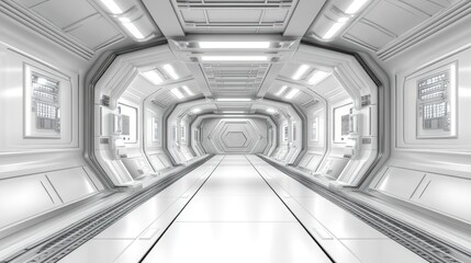 Obraz premium White futuristic spaceship corridor with glowing lights and metal panels.