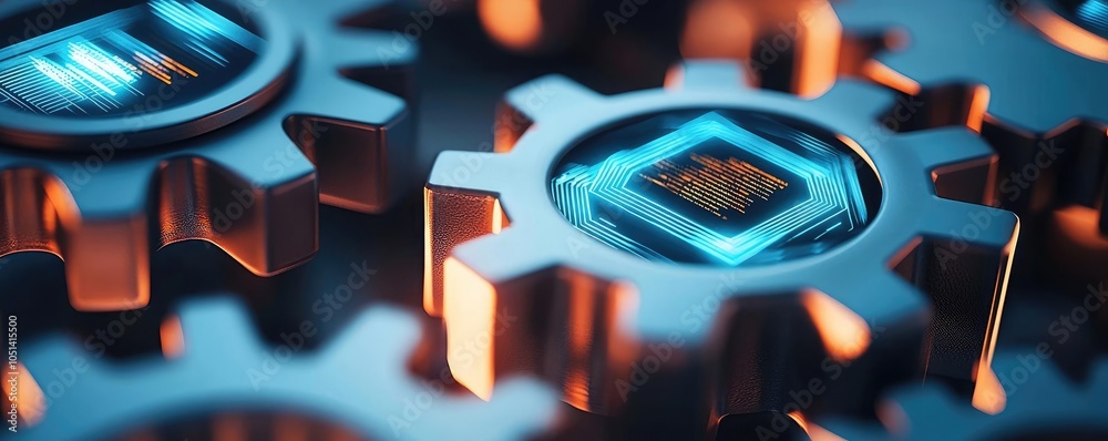 Poster close-up of gears with embedded microchips and blue glow, isolated on white.