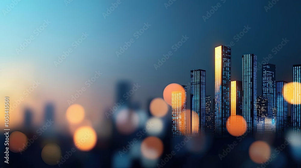 Poster Urban skyline at dusk with illuminated skyscrapers and bokeh effect