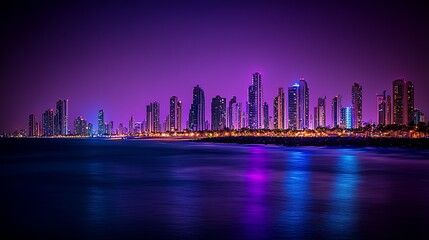 Obraz premium Vibrant Skyline Of Modern City Skyscrapers Illuminated with Neon Purple and Pink Reflection on Ocean : Generative AI