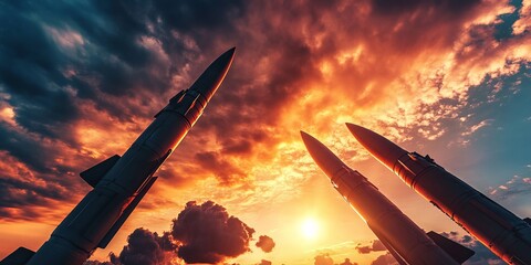 The Missiles are aimed at the sky at sunset Silhouette. Nuclear Missile, chemical weapons, missile defense, air Defense Missiles, War, advance war, 