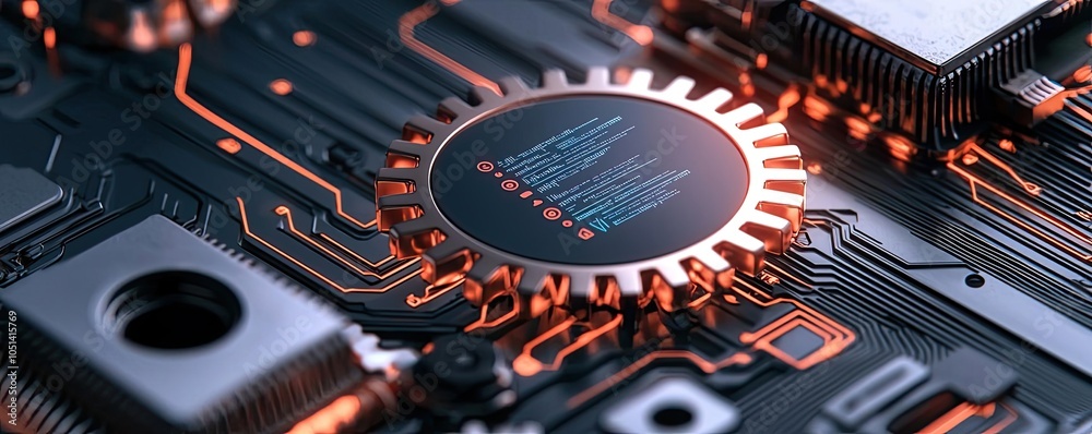 Poster Close-up of a circuit board with a glowing microprocessor on a dark background.