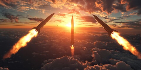 The Missiles Launching in the sky at sunset Silhouette. Nuclear Missile, chemical weapons, missile defense, air Defense Missiles, War, advance war
