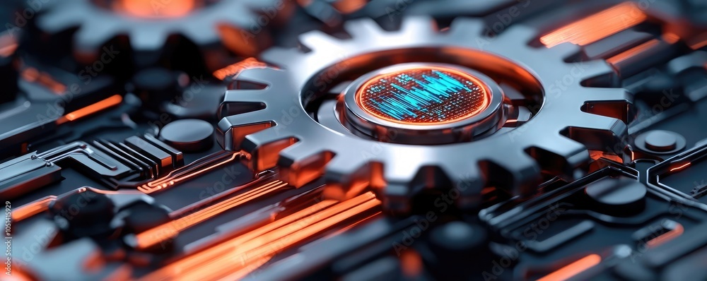 Poster close-up of metallic gears with vibrant circuitry on a dark background.