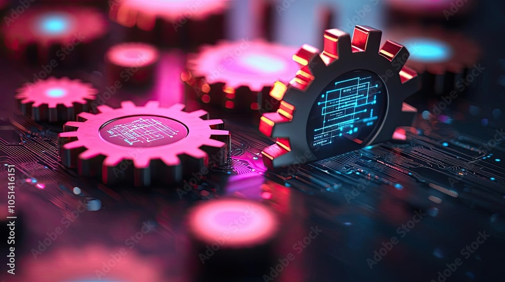 Aufkleber colorful gears on a circuit board, representing advanced technology and innovation.