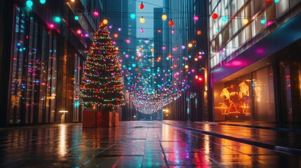Fototapeta premium Brightly adorned city walkway with festive lights