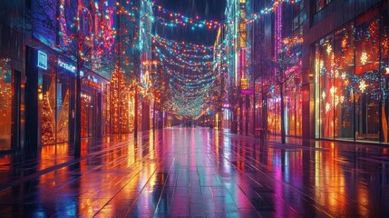 Charming city street with vibrant holiday lighting