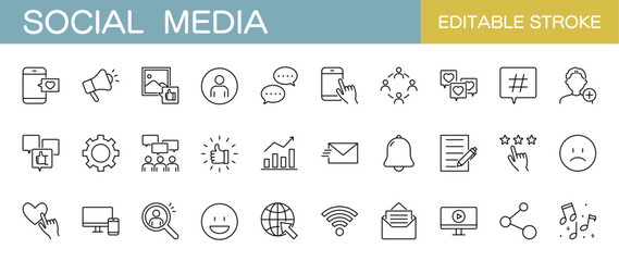 ソーシャルメディアやsns・デジタルマーケティングに関するラインアイコンセット　編集可能