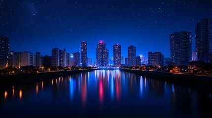 Fototapeta premium Illuminated Cityscape at Night with Reflections on Water Under Starry Sky : Generative AI